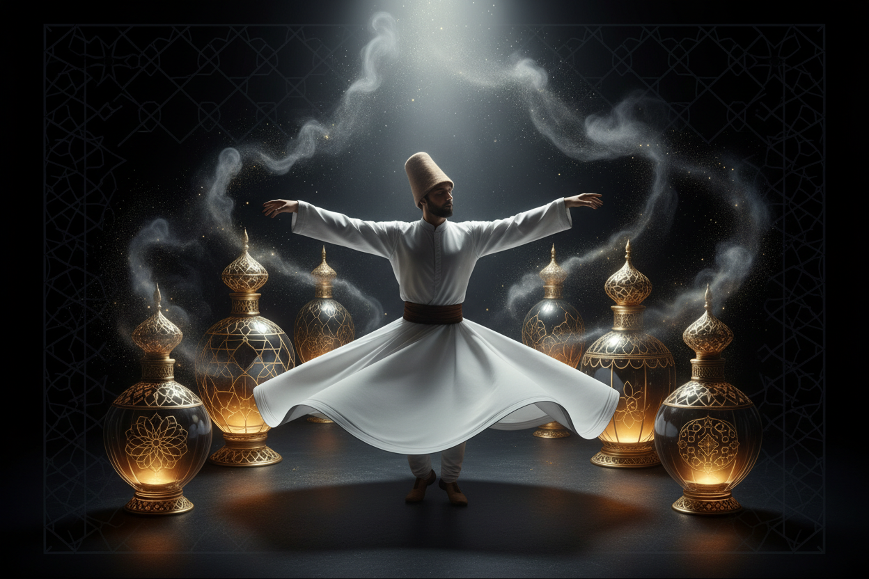 generate a banner with islamic Rumi dancing image with perfumes in black bg or night mood