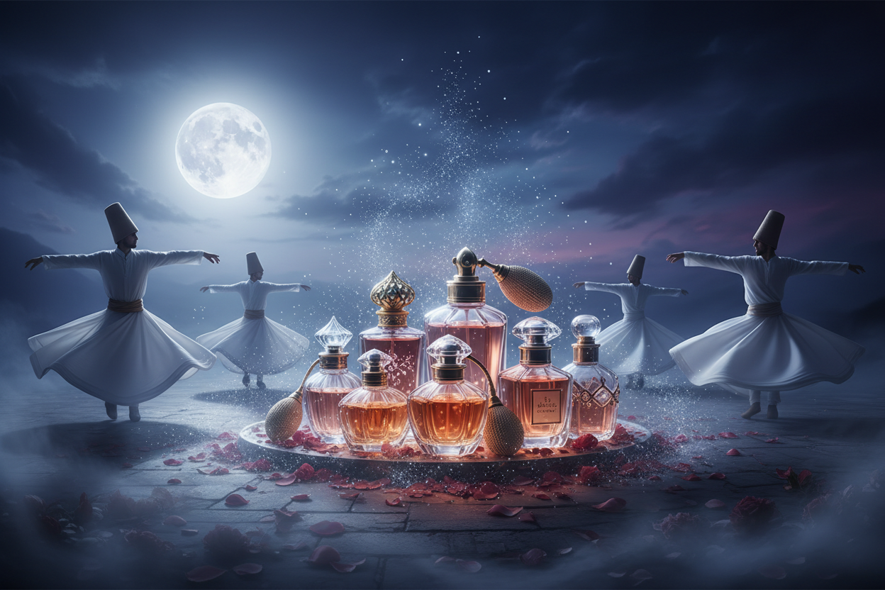 generate an image with rumi dance style around the elegant and attactive perfumes and fragrance sprays in night mood with moon site
