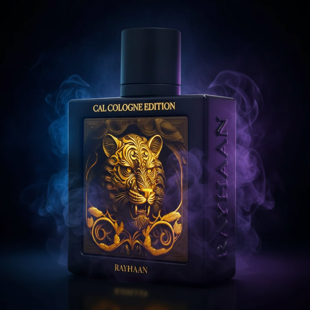 Black and gold cologne bottle with tiger design on a white background