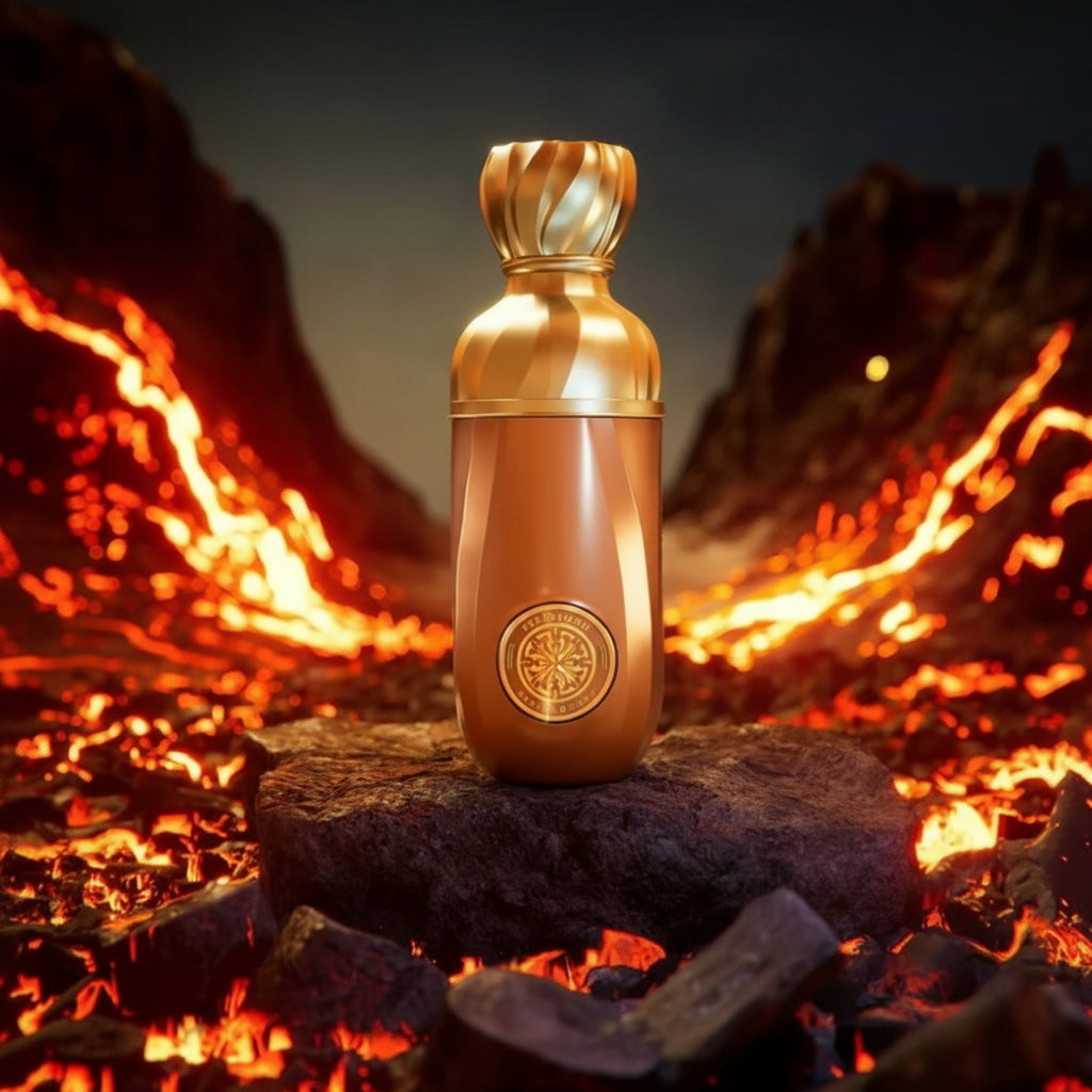 Gold bottle on a rock with flames in the background