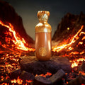 Gold bottle on a rock with flames in the background