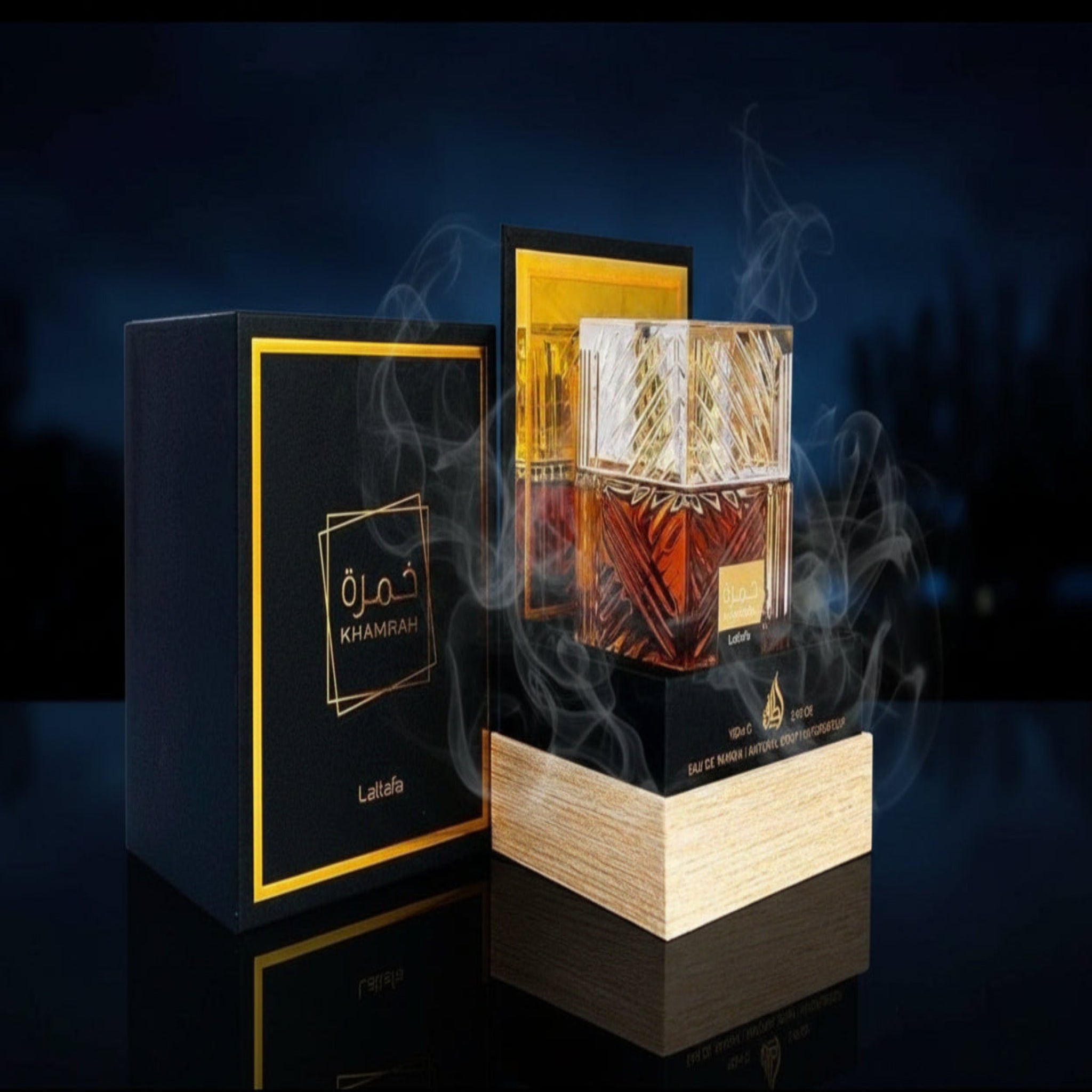 Perfume bottle and packaging with 'Khamran' branding on a white background