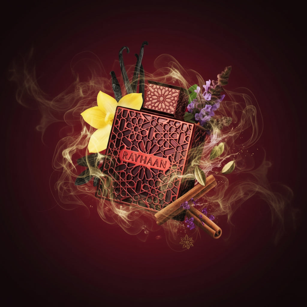 Red and black perfume bottle with leopard print design on a white background