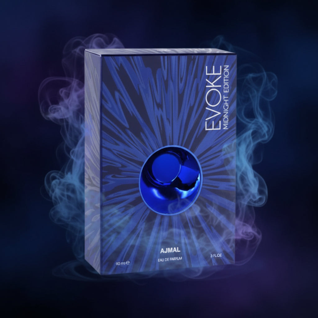 Perfume box labeled 'Evoke Midnight Edition' by Ajmal with blue design